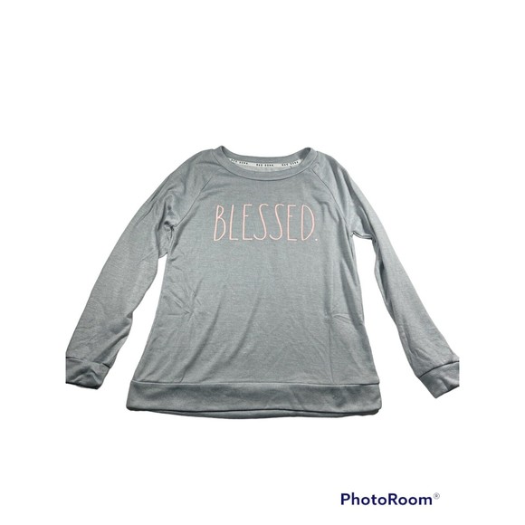 RAE DUNN Blessed T-SHIRT Grey White Pink Long Sleeve SIZE Small Pajama Shirt - Picture 1 of 10
